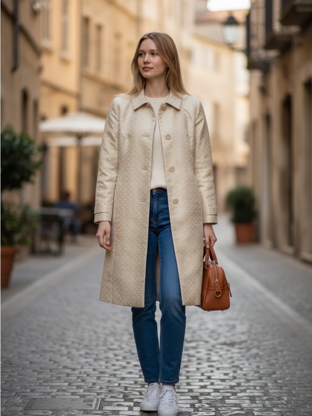 1 Madison Women Cream Jacquard Quiet Luxury Coat Vintage Inspired Jacket M